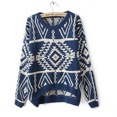 Geometric diamond pattern loose long-sleeved knit sweater  091803