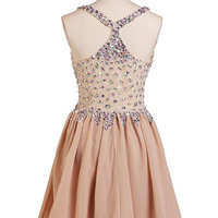 Champagne homecoming dress, short homecoming dress, v neck homecoming dress, cheap homecoming dress, unique homecoming dress, PD15299 - Thumbnail 2