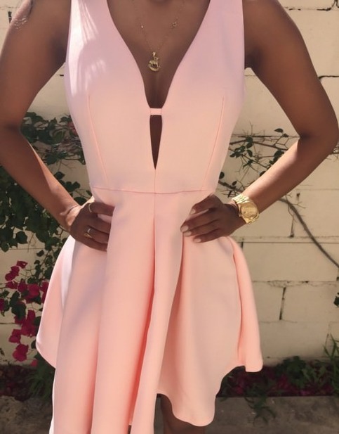 Pink Sleeveless Zipper Pleated Flared Dress