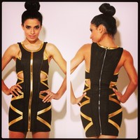 Leather Trim Bandage Dress - Thumbnail 1