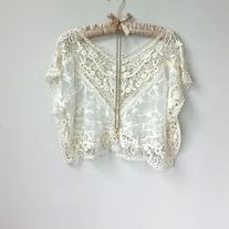 Great Gatsby Sheer Cream Off White Lace Crochet V Neck Blouse, See Through Shirt, Beach Cover Up, Bohemian Clothing