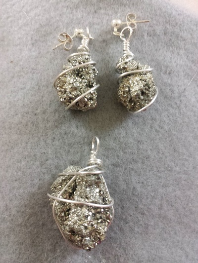 Wire Wrapped Pyrite Pendant and Earrings Set