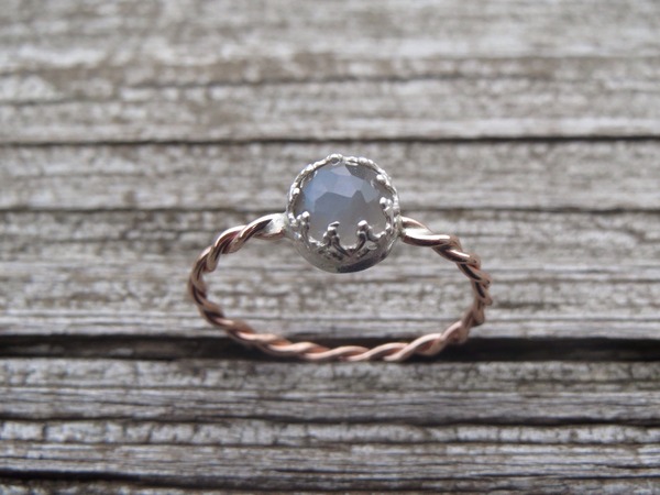 Grey Moonstone Ring with Crown Bezel and Twisted Band.