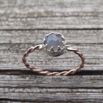 Grey Moonstone Ring with Crown Bezel and Twisted Band.