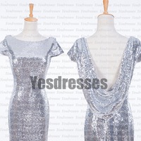 Sequin bridesmaid dress, cap sleeve bridesmaid dress, long bridesmaid dress, gorgeous bridesmaid dress, silver popular bridesmaid dress, PD15359 - Thumbnail 1