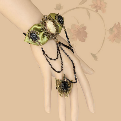 Green satin bow cameo tassel gothic slave bracelet with ring party