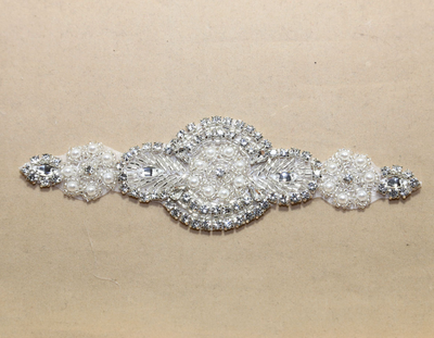 Sew/Iron Crystal Rhinestone Sash Applique Wedding Bridal Silver Craft Motif