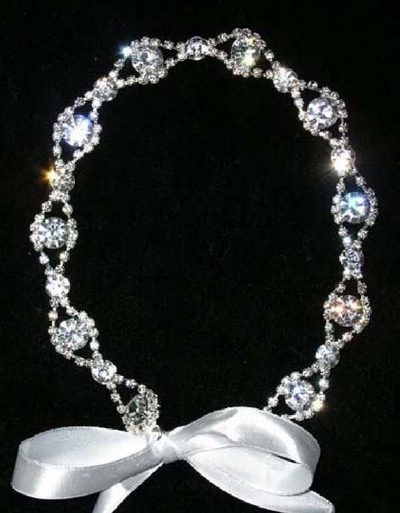 white Satin Ribbon Headband Beaded Glass Crystal Rhinestone Wedding Hairband