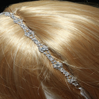 white Satin Ribbon Headband Beaded Glass Crystal Rhinestone Wedding Hairband - Thumbnail 1