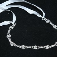white Satin Ribbon Headband Beaded Glass Crystal Rhinestone Wedding Hairband - Thumbnail 2