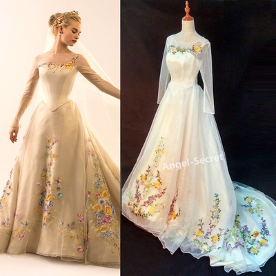 P305 movie costume cinderella 2015 ivory gown wedding bridal 100cm long train