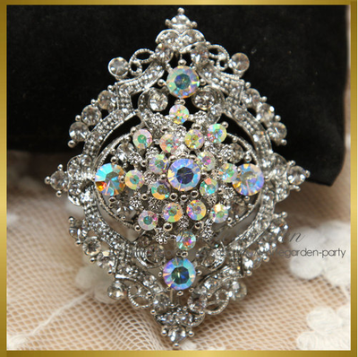 Clear or AB Rhinestone Crystals Bridal Wedding Cake Oval Vintage Pendant Brooch Pin