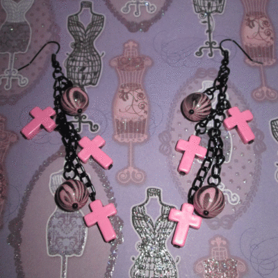 Pink and black zebra and cross earrings