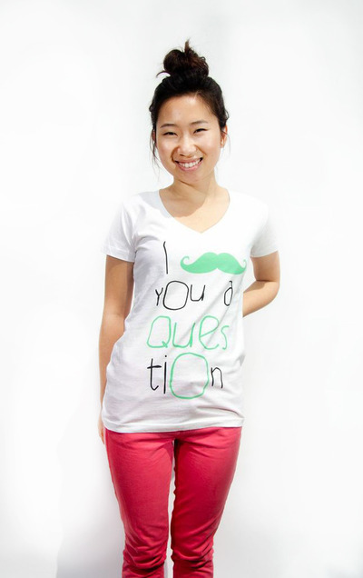 Womens mustache t shirt (white/ mint green)
