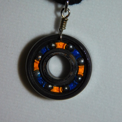 Recycled skate bearing necklace - blue/yellow