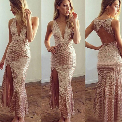Long prom dress, sequin prom dress, sexy prom dress, champagne prom dress, v-neck prom dress, long evening dress, e159 - Thumbnail 5