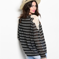 Crochet Sleeves Striped Top - Thumbnail 2