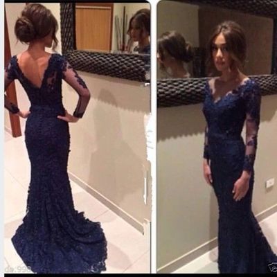 Long prom dress, navy prom dress, lace prom dress, elegant prom dress, long sleeves prom dress, long evening dress, e187 - Thumbnail 5