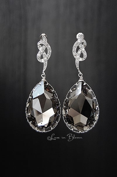 Wedding Drop Earrings In Large Black Diamond Swarovski Crystal - Style # E159-BD