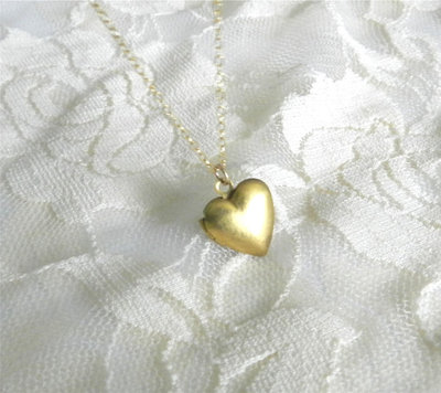Tiny heart locket in brass with gold filled chain