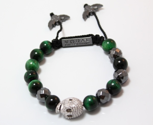 CZ DIAMOND SILVER SKULL WITH GREEN TIGER EYE AND HEMATITE BRACELET