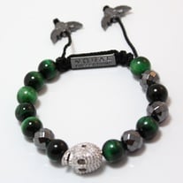 CZ DIAMOND SILVER SKULL WITH GREEN TIGER EYE AND HEMATITE BRACELET