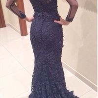 long prom dress, navy prom dress, lace prom dress, elegant prom dress, long sleeves prom dress, long evening dress, E187 - Thumbnail 1