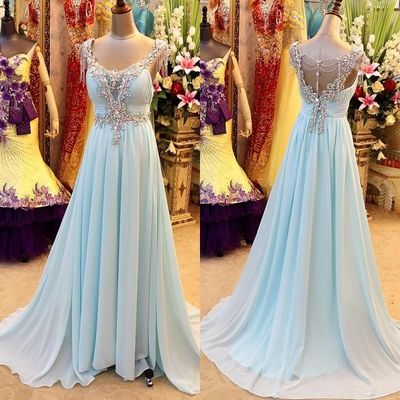 Long prom dress, blue prom dress, chiffon prom dress, beading prom dress, party prom dress, long evening dress, e204 - Thumbnail 5