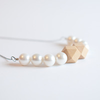 Japan Cotton Pearl Wood Beaded Statement Necklace NL0747 - Thumbnail 1