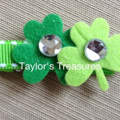 Taylors treasures - st. patrick's day double shamrock non-slip clippie - rhinestone center
