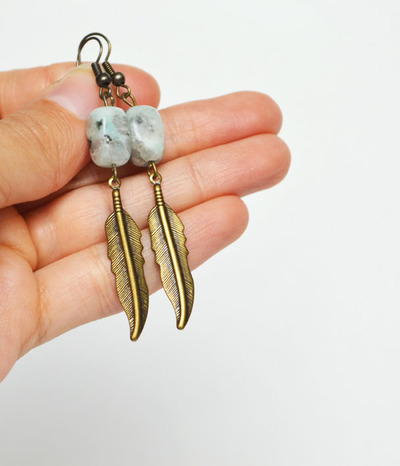 Jasper Earrings, Mint Stone Jewelry, Mint, Feather Earrings, Boho Jewelry
