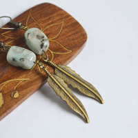 Jasper Earrings, Mint Stone Jewelry, Mint, Feather Earrings, Boho Jewelry - Thumbnail 1