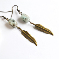 Jasper Earrings, Mint Stone Jewelry, Mint, Feather Earrings, Boho Jewelry - Thumbnail 2
