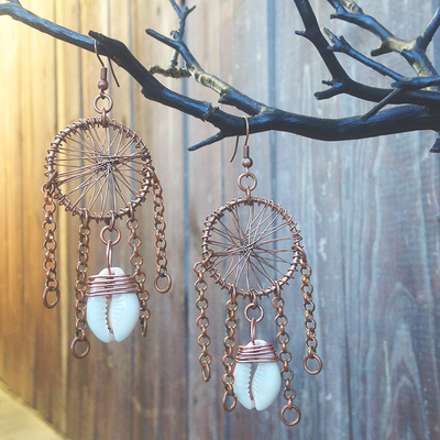 Dream catcher earrings - copper + cowrie shell