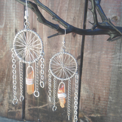 Dream catcher earrings - silver + druzy agate