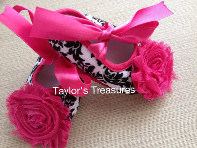 Taylors Treasures - Damask Rosette Shoes - Baby Girl Crib Shoes