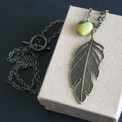 Long necklace large feather charm necklace bohemian chic jewelry for women