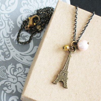 J'aime Paris Charm Necklace. Eiffel Tower Charm Necklace With Pink Pearl