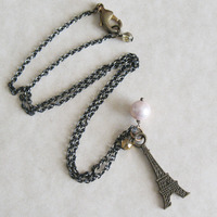 J'aime Paris Charm Necklace. Eiffel Tower Charm Necklace With Pink Pearl - Thumbnail 1