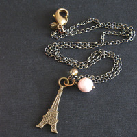 J'aime Paris Charm Necklace. Eiffel Tower Charm Necklace With Pink Pearl - Thumbnail 2