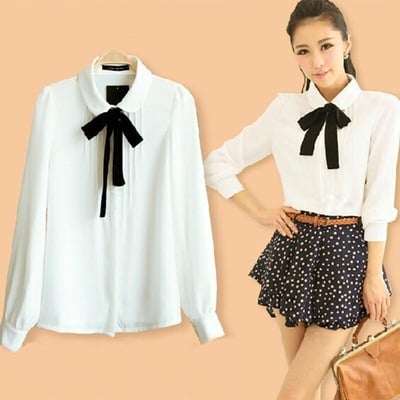 Korean students sweet bow chiffon blouse