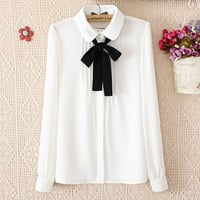 Korean students sweet bow chiffon blouse - Thumbnail 2