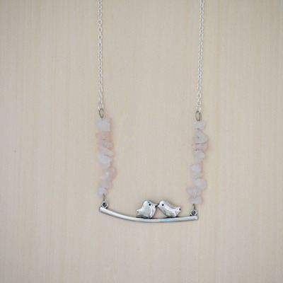 Rose quartz chip love birds necklace