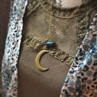 Waning Crescent Moon, Luna Moon Necklace, Half Moon Necklace, Moon Phases, Moon and Crystal Quartz Necklace, A - Thumbnail 1