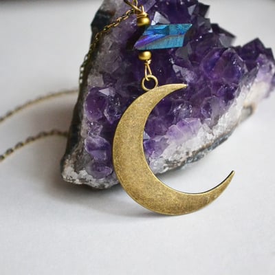 Waning crescent moon, luna moon necklace, half moon necklace, moon phases, moon and crystal quartz necklace, a