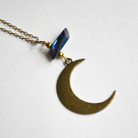Waning Crescent Moon, Luna Moon Necklace, Half Moon Necklace, Moon Phases, Moon and Crystal Quartz Necklace, A - Thumbnail 4