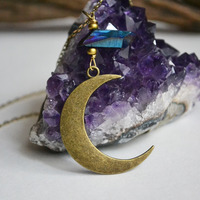 Waning Crescent Moon, Luna Moon Necklace, Half Moon Necklace, Moon Phases, Moon and Crystal Quartz Necklace, A - Thumbnail 2