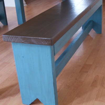 Primitive bench in blue glaze.  rustic handmade bench,  shabby chic finish