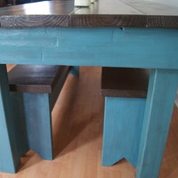 Primitive bench in blue glaze.  Rustic Handmade Bench,  Shabby Chic Finish - Thumbnail 1
