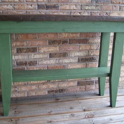 Sofa table or hall table.  rustic and distressed.  green with antique glaze.  beautiful top.  shabby chic  plant stand
